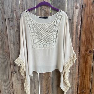 Ark & Co - Kimono Co Fringe Poncho Boho Shrug L Cream Sweater